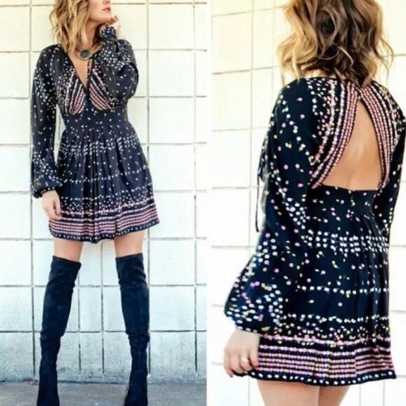 Free People Mini Dress Coryn Women Size 4 Whimsigoth Boho Pleated Open Back - Picture 1 of 16